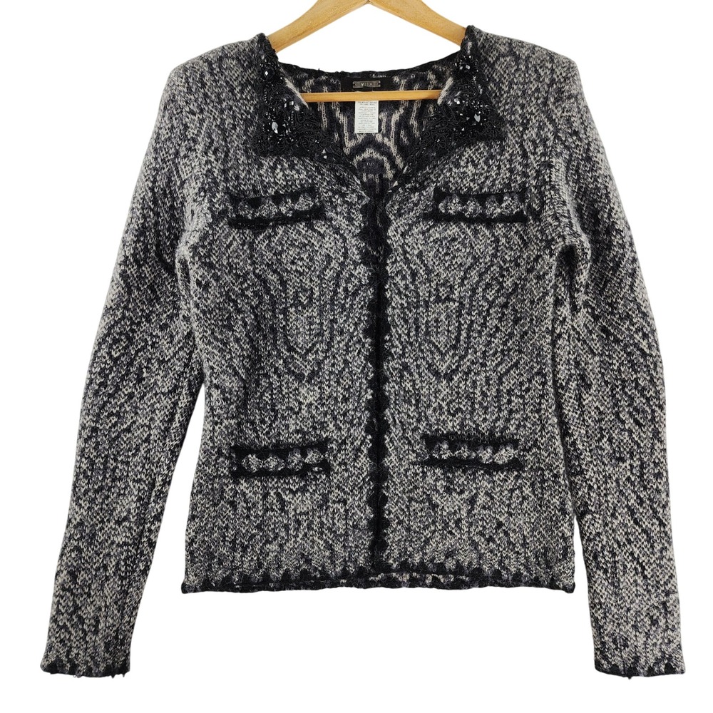Vex Cardigan Sweater Women M Grey Black Beaded Collar Mohair Wool Blend